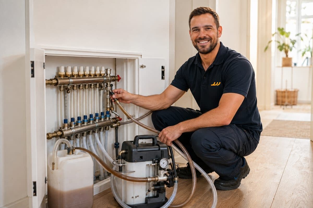 Installateur spoelt een vloerverwarmingsgroep via de verdeler; het spoelwater in de slang is bruin